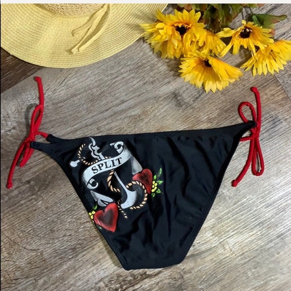 Split | Black + Red Anchor Hearts String Bikini Bottoms | Adjustable Water Wear - Picture 8 of 9